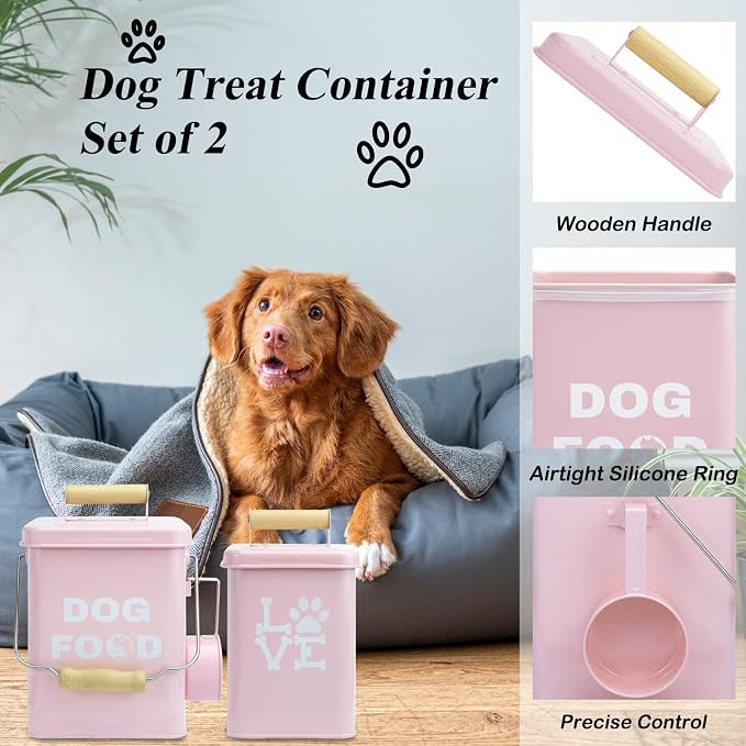 Dog Food Storage Container Set of 2 Dog Treat Container with Airtight Lids Dog Treat Jar with Scoop Metal Dog Food Holder with Wooden Handles for Kitchen Counter and Pantry Home Decor - Pink