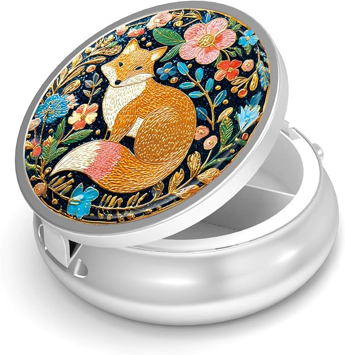 Pill Box-3 Compartment Small Pill Case for Purse & Pocket Mini Metal Pill Holder Travel Pill Container to Hold Supplements Vitamins BPA-Free (Fox)