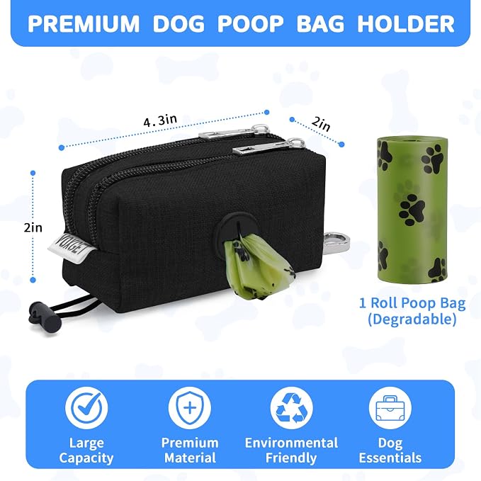 Dog Poop Bag Holder with Treat Pouch, 2 Zipper Pockets & Leash Clip | Waste Bag Dispenser with 1 Roll Poop Bags, Quick Access Treat Storage, Hands-Free Design for Dog Walking, Training & Travel
