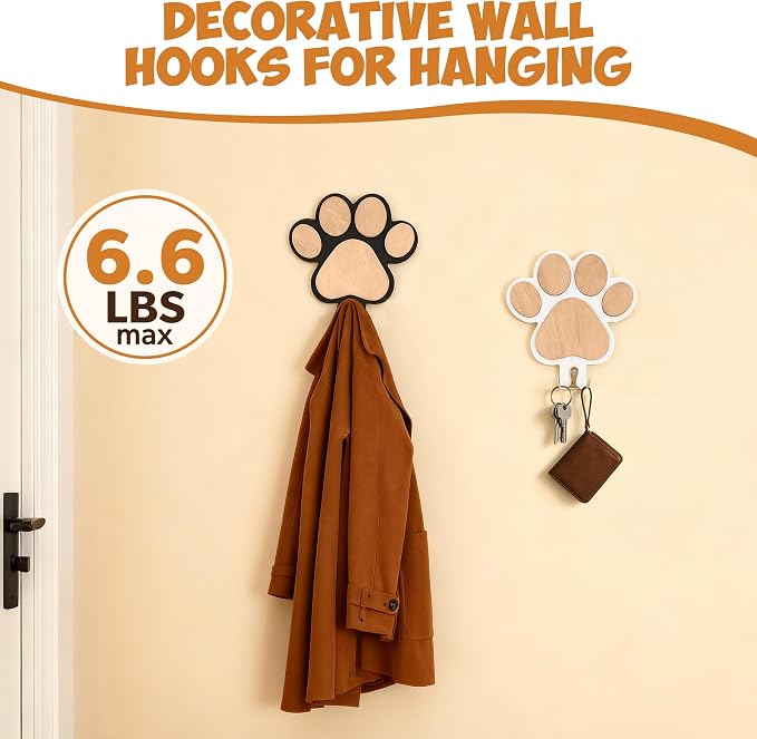 2-Pack Dog Leash Holder, Wooden Paw Wall Hooks for Entryway | Paw-shaped panels add playful pet decor, helping dog owners organize daily essentials without cluttering tables or floors
