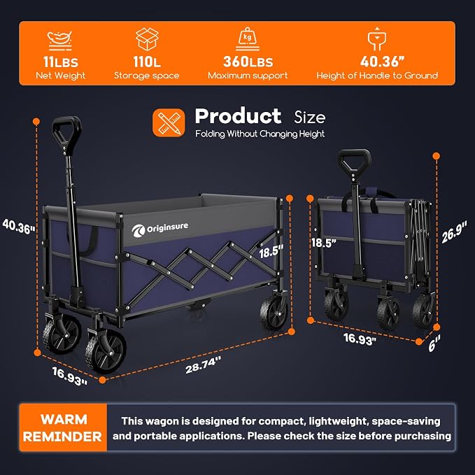 Originsure 110L Portable Collapsible Wagon Cart, 360lbs Heavy Duty, Purple | All-Terrain Wheels,Solid Steel Frame,Adjustable Handle,Compact&Space-Saving,Utility for Camping,Sports,Grocery,Garden