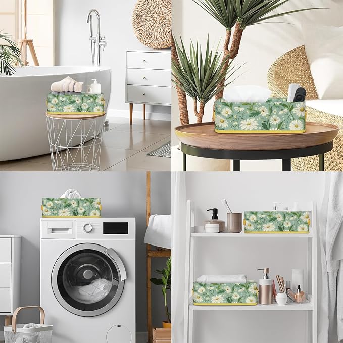 Daisy Green White Flowers Bathroom Storage Basket, Foldable with Handle Open Countertop Paper Towel Decorative Box, Toilet Tank Top Shelf Baskets for Home Closet Bedroom Living Room Office