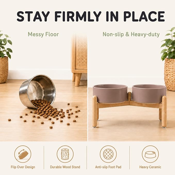 Havniva Ceramic Dog Bowls Elevated, Raised Dog Food Bowl for Medium Dogs | 7.3” Elevated Dog Bowls, Non-Slip Wood Stand, Dog Food and Water Bowl Set, Dog Feeding Dish, Large Capacity Pet Water Bowl