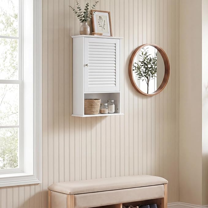 Tangkula Medicine Cabinet, Wall Mounted Bathroom Cabinet Single Door Wooden Bathroom Wall Cabinet with Adjustable Shelf