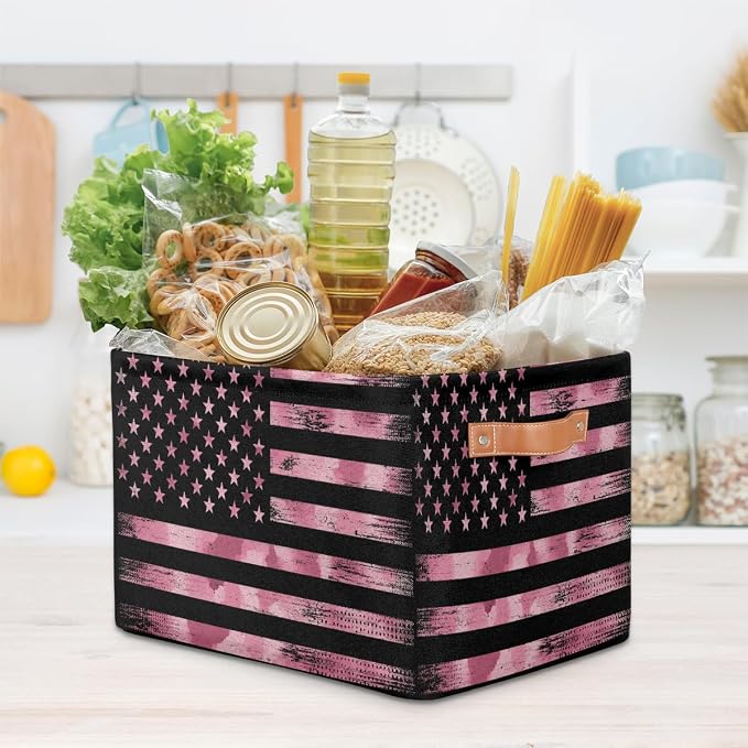 Pardick Flag Basket Storage Bins Rectangle Canvas Basket Cube Storage Box | Nursery Foldable Basket with Handle for Kids Girls Boys Toys Living Room Closet Organizer Shelf Gifts Camo Pink