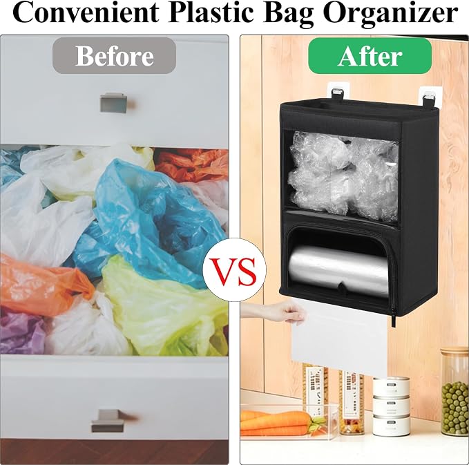 2-in-1 Plastic Bag Holder with Clear Window, Large Grocery Bag Holder and garbage bag dispenser with Easy-Access Openings, Trash bag organizer for Kitchen RV Cabinet Wall Mounted (Black）