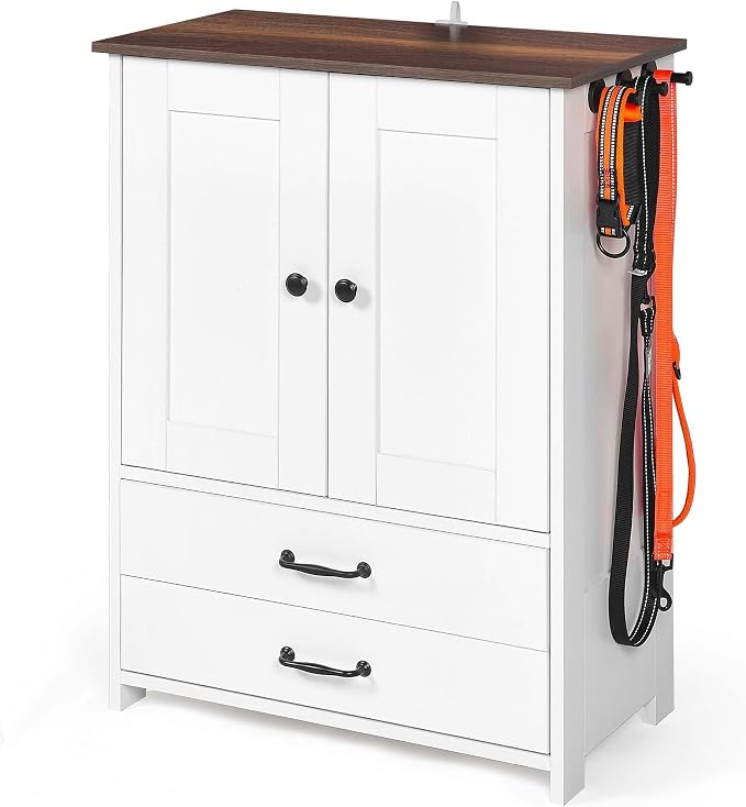 Majnesvon Pet Feeding Station with Storage Cabinet - Dog Food Organizer with Pull-Out Drawers, Adjustable Height Bowls & 3 Hooks - 23.6” Pet Storage Cabinet for Dogs & Cats