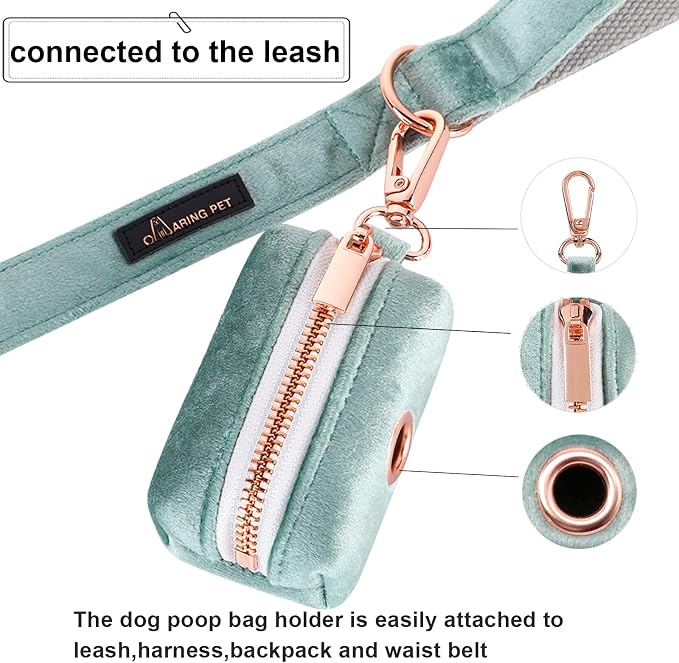 ARING PET Dog Waste Bag Dispenser, Velvet Green Doggy Poop Bags Holders Attach to Any Leashes, Portable Washable Pet Waste Pouch Dispenser with Metal Zipper