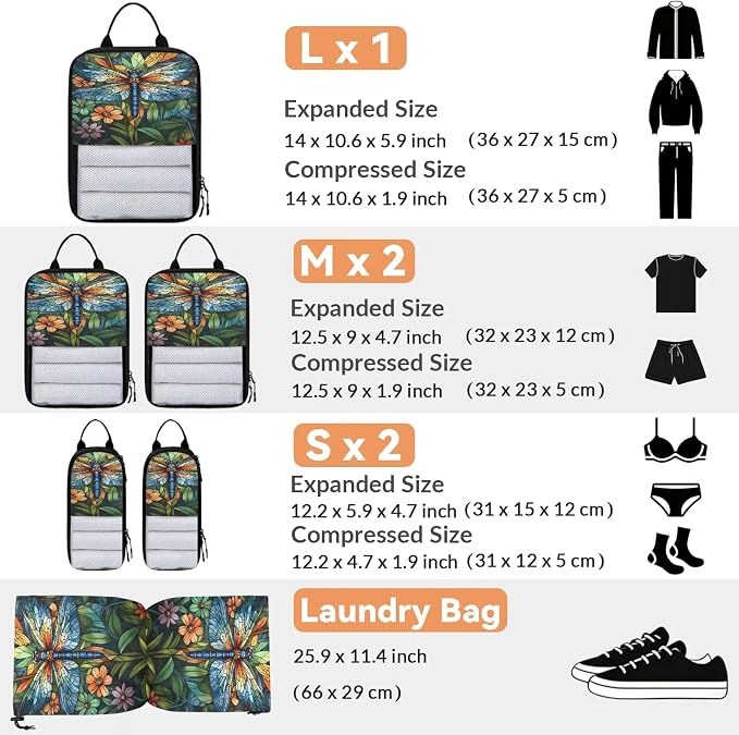 Dragonfly 6 Set Compression Packing Cubes Floral Expandable Packing Organizer for Travel Accessories Luggage Suitcase Bag