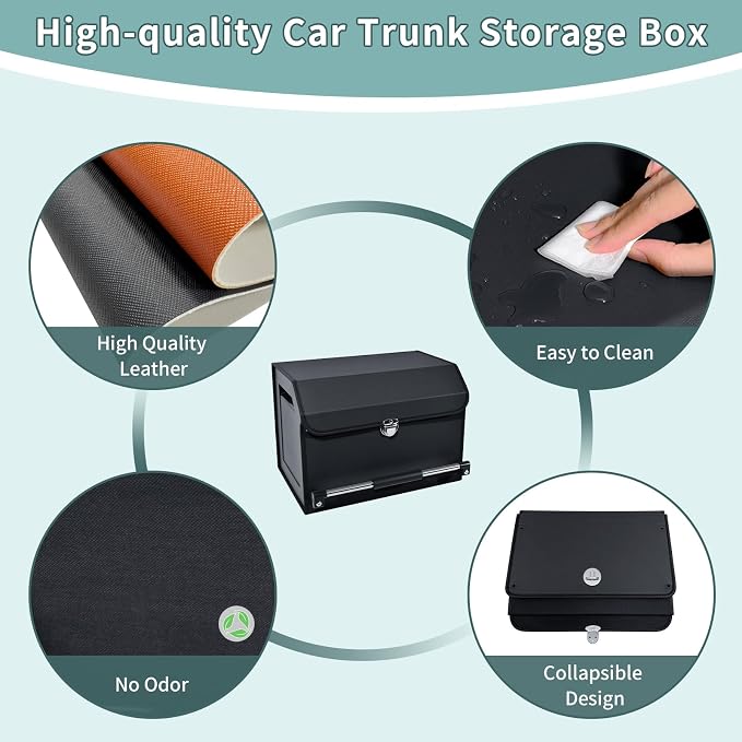 Car Trunk Organizer Leather Car Storage Organizer with Lid Car Organizer | Suv Trunk Organizer with Sturdy Handle Car Cargo Storage Box for Minivan, Sedan, Jeep (Black, 16.7 x 11.4 x 12.2in)