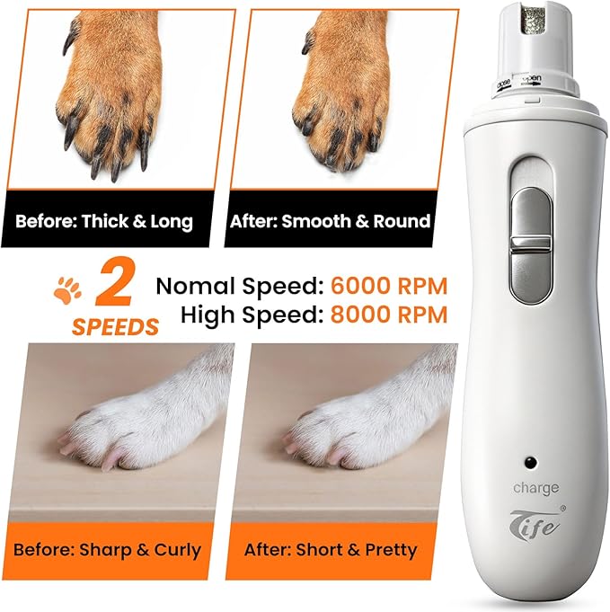 Tife Pet Nail Grinder,2 Speed Electric Rechargeable Dog Nail Trimmer,Quiet and Low-Vibration Pet Nail Grinders,Painless Dog&Cat Grooming Supplies for Large Medium Small Pets (White-528)