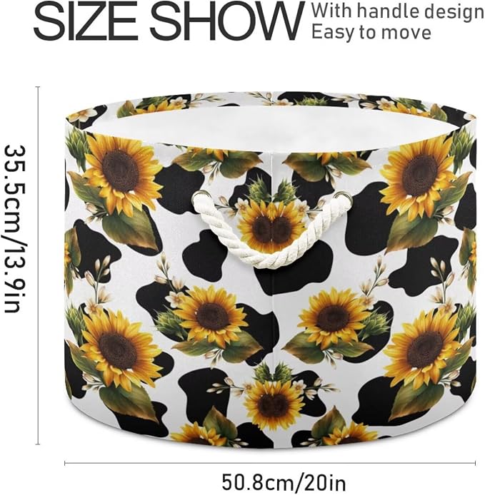 Sunflower Cow Print Collapsible Round Storage Basket with Handles | Yellow Flowers Large Laundry Baskets Hamper, Clothes Organizer Bin for Bedroom Living Room Decor, 20x 20x 14 Inches