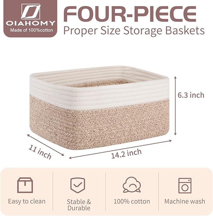 OIAHOMY 4 PACK 16L Storage Baskets for Organizing Storage Bins Brown | Small Bins for Shelves Small Storage Basket Shelf Baskets Organizer Baskets for Gifts Empty Cute Decorative Storage Bins