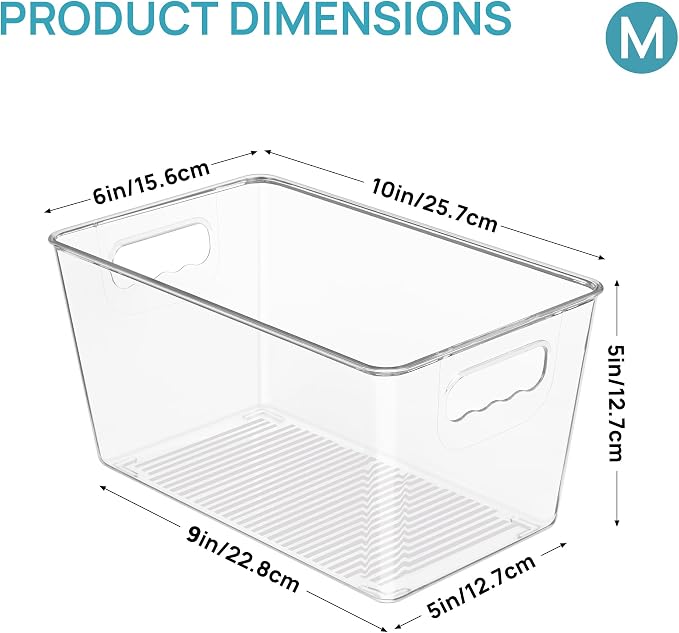 Vtopmart 6 Pack Clear Storage Bins, Pantry Cabinet Organizer Bins, Medium | Plastic Pantry Storage Bins with Handle, Storage Containers for Fridge, Cabinet, Kitchen, Countertops, Cupboard, Freezer