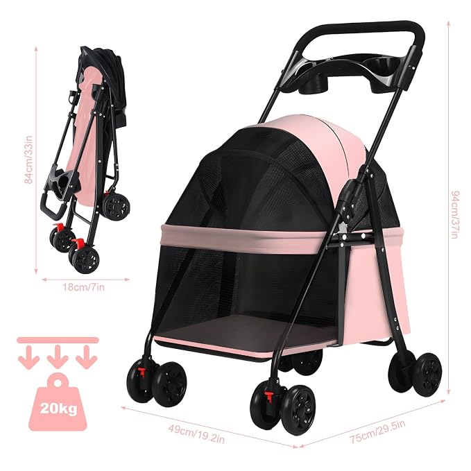 4‑Wheel Foldable Pet Stroller, Travel Strolling Cart for Small & Medium Dog | Breathable Visible Mesh Window, Cup Holder & Storage Basket, Rear Wheel Dual Brake, Portable Folding Design Pink