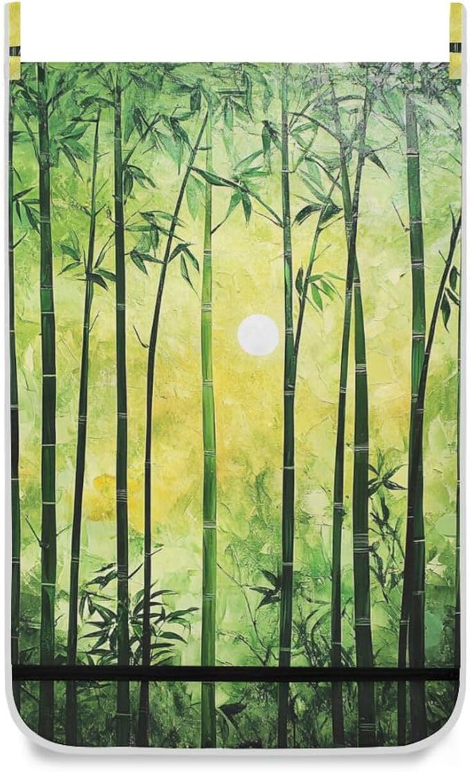 1PC Hanging Laundry Hamper Bag Over the Door Laundry Hamper Wall Hamper Large Dirty Clothes Hamper with Stainless Steel Hooks 29.5x20Inch Green Bamboo Forest Silhouette Sunset