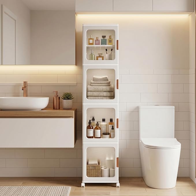 4-Tier Tall Narrow Plastic Storage Cabinet, Foldable | Rolling Organizer with Lid,4 Doors,2 Adjustable Shelves,Stackable,Durable PP,Freestanding Bathroom Cabinet for Slim Space