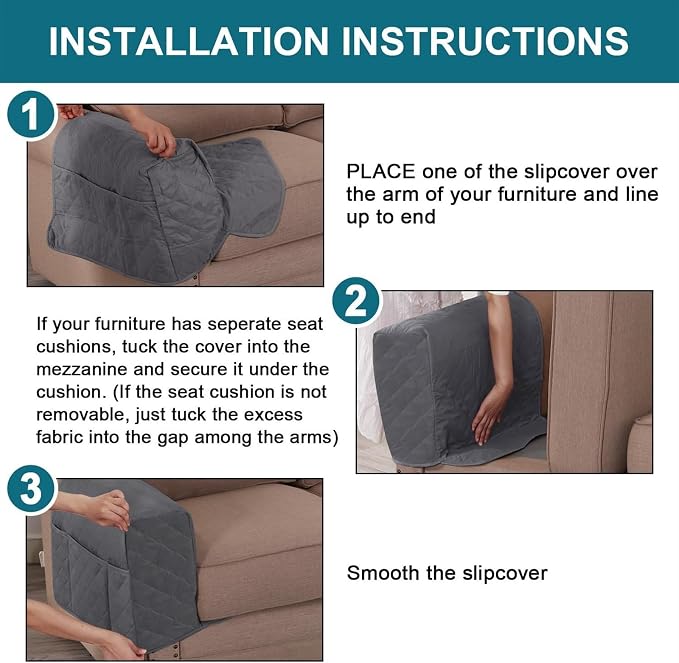 2 Pcs Waterproof Couch Arm Covers Dirty-Resistant Anti-Scratch Arm Rest Covers for Sofa with Side Pocket Anti-Slip Arm Chair Covers, Armrest Organizer(Grey)