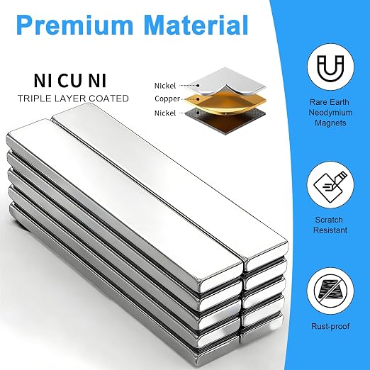 Rare Earth Neodymium Magnets with Double Sided Adhesive, 60x10x3 mm,10 Pcs | Heavy Duty Strong Magnets, Rectangular Bar Magnets Strip for Fridge Kitchen Garage Office Science Craft, Silver
