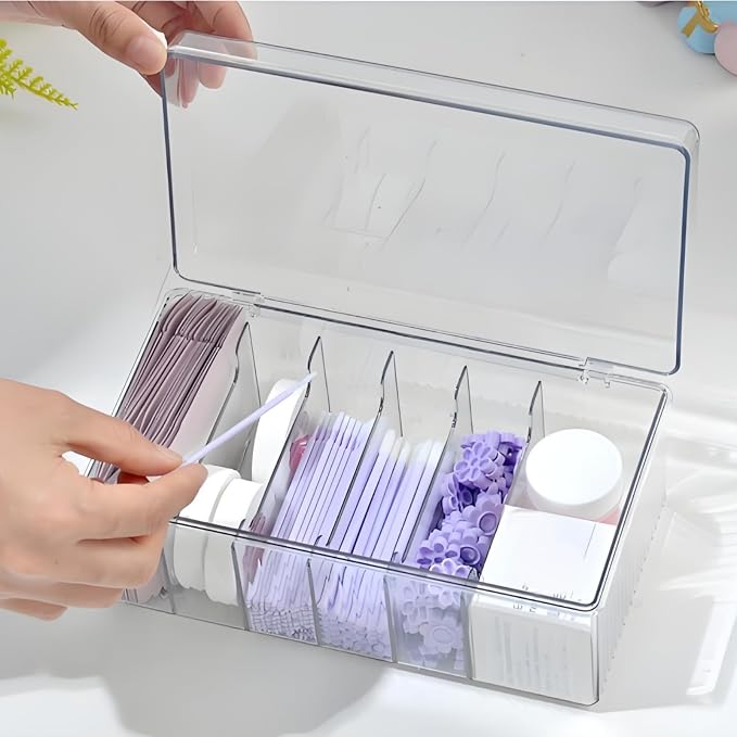 2 Pack Lash Extension Organizer with 6 Compartments, Flip-top | Clear Small Eyelash Cart Storage Boxes, Separated Large Capacity Eyelash Extension Supplies Storage Container for Lash Techs