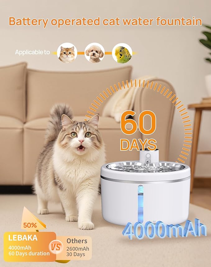 Wireless Cat Water Fountain [with Stainless Steel Tray], 102oz/3L Pet Fountain for Cats Inside, Cat Fountain for Drinking with Motion Sensor, Ultra Quiet for Small Animals-[BPA-Free] (102oz+2Filters)