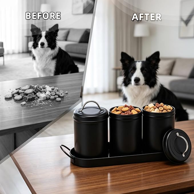 Dog Treat Container Airtight Set with Lid, 3 Dog Treat Jar with Tray | Metal Black Dog Food Storage Container with Labels & Marker, Dog & Cat Treat Holder, Easy Open Lid & Easy Carry Handles
