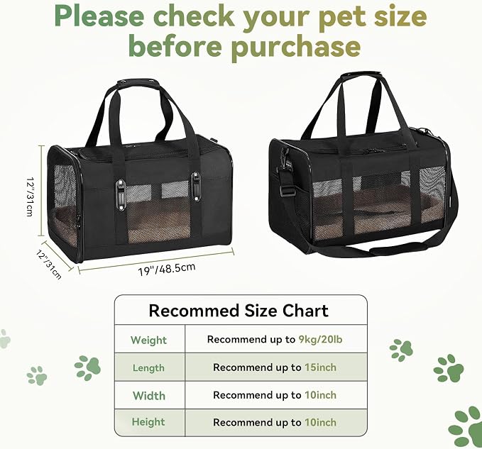 Petsfit Large Cat Carrier for Car Travel, Patented Seat Belt Buckle, 20 lb | 19 x 12 x 12 in; for large cats and small dogs, with locking zippers, anti-scratch mesh, reinforced frame and washable pad.
