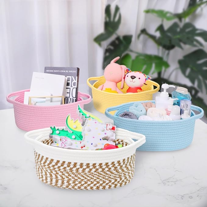 ABenkle Small Basket with Handles, Boho Decorative Rope Woven Dog Cat Toy Storage Bin Shelf Storage Organizer, Easter Christmas Gift Basket, 12"x8"x5"