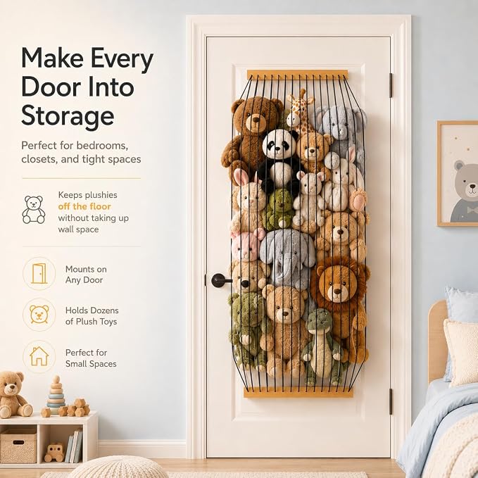Stuffed Animal Storage Wood Soft Toy Organizer for Kids Room，Cute and Durable Wall or Door Mount Length Adjustable Hanging Stuffed Animal Toy Organizer Shelf for Nursery Play Room Black -Patent