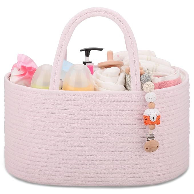 COMSE Baby Diaper Caddy Organizer for Girls, Cotton Rope, Light pink