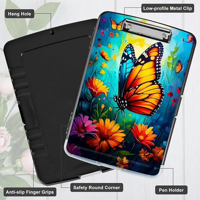 Butterfly Blue Sky A4 Clipboard with Storage Pen Holder, Clipboards Organizer Nursing Clipboard Foldable File Folder Plastic Clipboard Folio Clip Board for Office Students Classroom Doctor
