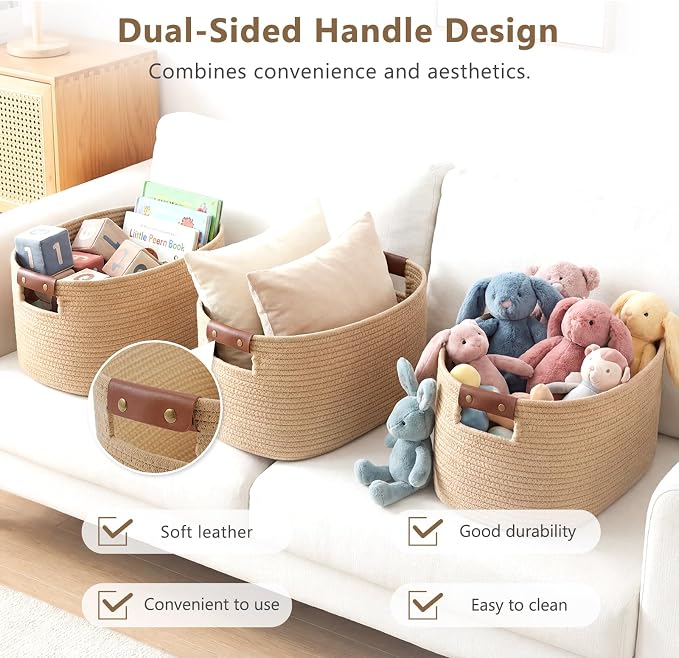 ECDYQXVU 15x10x9 Woven Cotton Rope Storage Basket, Leather Handles 2 Pack | Foldable Design, Sturdy PU Handles, Easy to Clean Organizer for Living Room, Closet, Shelves, Bedroom, Laundry, Clothes