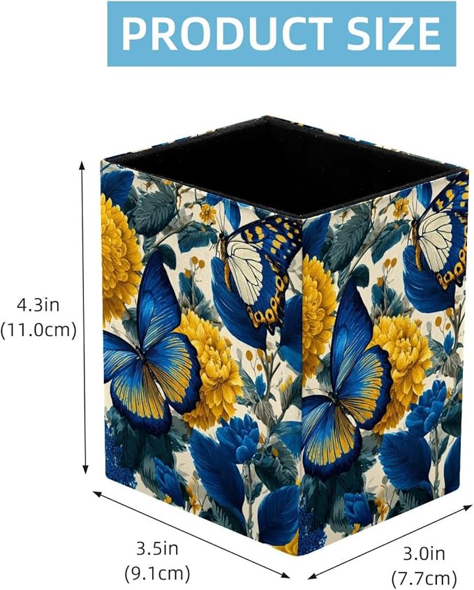 Butterfly Pen Holder for Desk Decor, Rectangular PVC Leather Pencil Cup for Desk Pen Organizer, Makeup Brush Holder for School, Home, Office