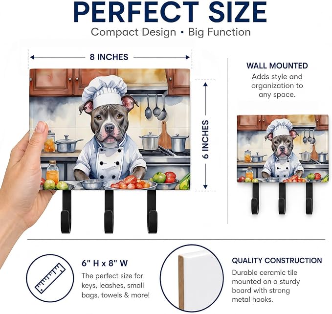 Caroline's Treasures Pit Bull Terrier The Chef Leash or Key Holder Wall Hooks, Key Hooks Holder, Coat Rack Wall Mount, Coat Hooks, Hooks for Hanging Keys, Towels, Aprons, Leashes | Pit Bull Terrier The Chef artwork on ceramic tile with three steel hook...