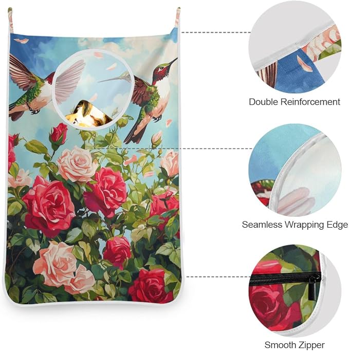 1PC Hanging Laundry Hamper Bag Over the Door Laundry Hamper Wall Hamper Large Dirty Clothes Hamper with Stainless Steel Hooks 29.5x20Inch Cartoon July 4th Red Roses and Hummingbirds