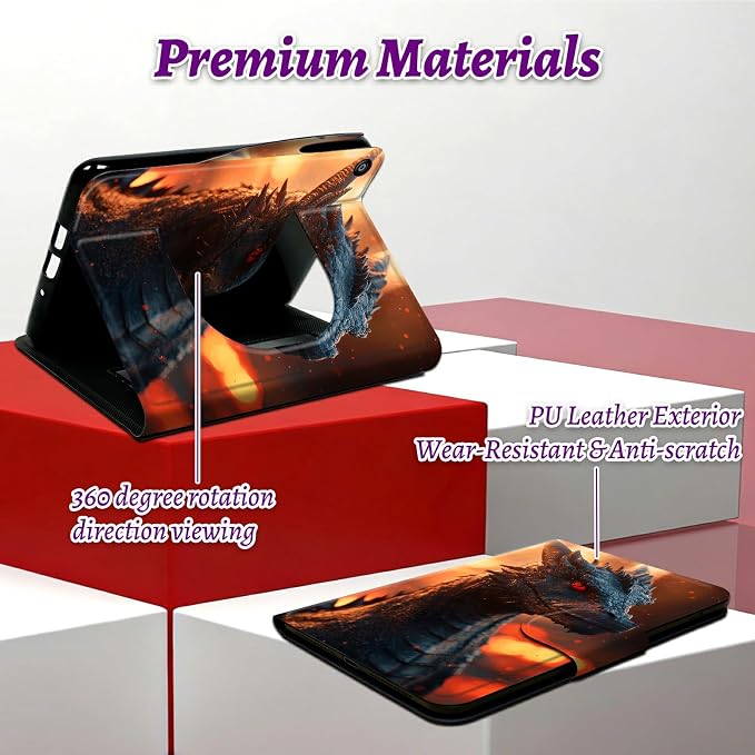 Rotating Handle Case for Samsung Galaxy Tab A8 10.5" 2022 (SM-X200/X205/X207), 360 Degree Swivel Kickstand with Magnetic Closure Shockproof Leather Cover for Women Men, Red Eyed Dragon
