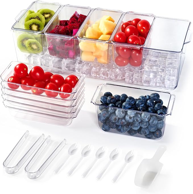 Chilled Garnish Tray with 5 Small Removable Containers and Compartments | Ice Chilled Condiment Organizer Server, Clear Garnish Serving Platter for Fruit, Salad, Food, Outdoor Events, Picnics