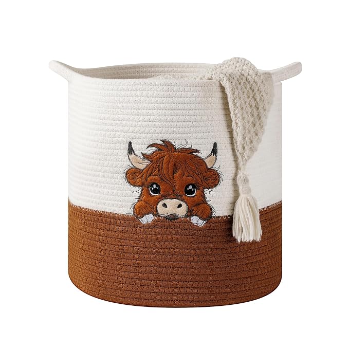 Large Blanket Baskets for Living Room, Highland Cow Storage Baskets for Toys Organizer Woven Cotton Rope Basket for Kids, Clothes Hamper with Embroidery Highland Cow Decor for Nursery Laundry