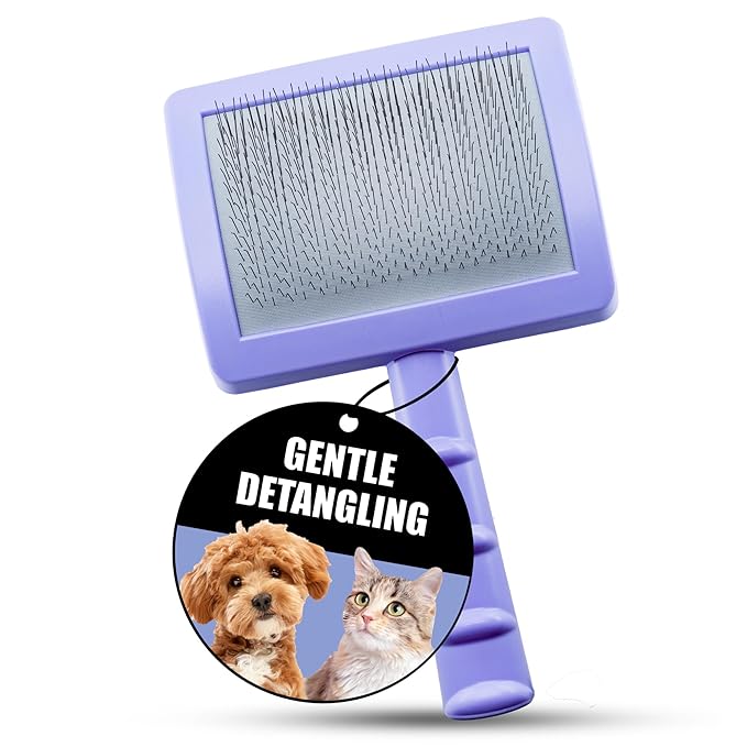 Tauro Pro Line Deshedding Slicker Brush for Dogs & Cats, Soft Pins for Gentle Dematting & Detangling, Grooming Tool for Short Coats, Ideal for French Bulldogs , Non-Slip Grip, Purple, Large Size (L)
