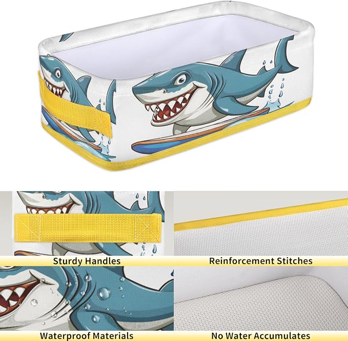 Shark Surfing Cartoon Blue Bathroom Storage Basket, Foldable with Handle Open Countertop Paper Towel Decorative Box, Toilet Tank Top Shelf Baskets for Home Closet Bedroom Living Room Office