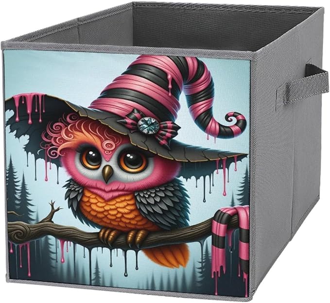 Magical Wizard Owl Foldable Storage Bins, 10.6" Cube Storage Organizer, Sturdy Oxford Cloth Fabric Baskets for Closet, Shelf, Nursery, Bedroom, Decorative Printed Box for Toys & Clothes
