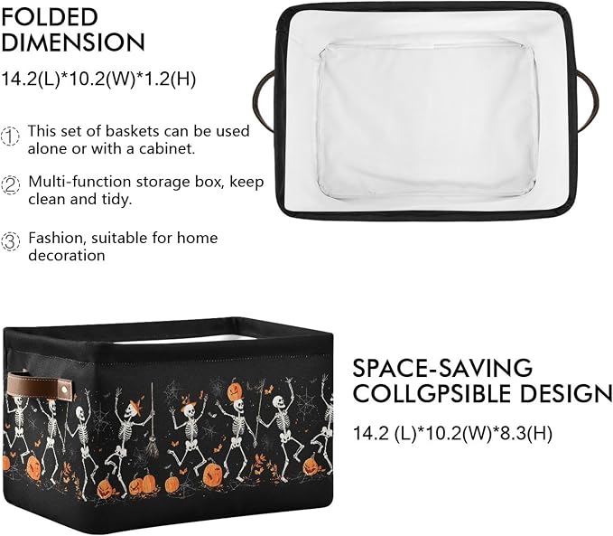 Halloween Skeleton Black Storage Basket with Waterproof Liner and PU Handles Spooky Skull Pumpkin Storage Bins Boxes 14.2" Collapsible Decorative Organizer Baskets for Bedroom Closet Office 1 Pack