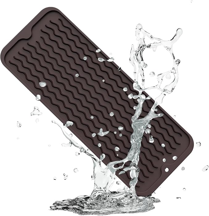 ZLR Small Dish Drying Mat for Kitchen Counter, 6"x17", Coffee | Narrow Silicone Drainer for Apartment, Dorm & RV, Wavy Ridges Quick-Dry, Non-Slip, Rolls Up, Dishwasher Safe