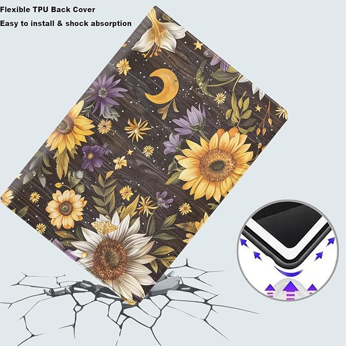 Tablet Case for iPad Air 13" M3/M2,iPad Pro 12.9" 6th/5th/4th/3rd Generation,Shockproof Protective Cover with Stand,Auto Wake/Sleep,Sunflower Moon Floral