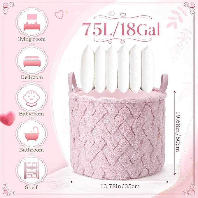 LemonRoad Extra Large Basket 20"x14", Woven Basket for Laundry Blanket Toy Box with Handle Storage, Blanket Storage for Living Room Nursery Pillows Chest(Pv Plush,Diamond,Pink)