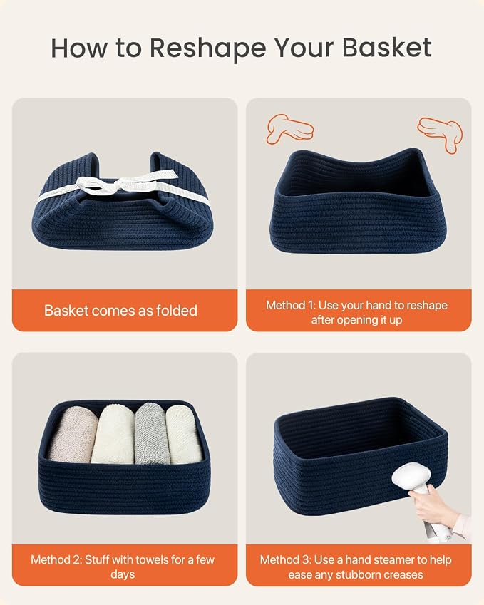 KALLAX Small Woven Storage Basket for Organizing, 12 x 8 x 4.5 inch, 3 Pack | Shelf baskets for closet organization, toy storage and home decor, Perfect as empty gift baskets for holidays, Navy Blue