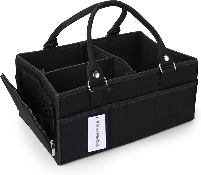 XUANGUO Large Baby Diaper Caddy Organizer, Felt Basket with Handles, Black | Nursery storage bin with dividers; portable tote bag for baby stuff, changing table or car, baby shower and registry gifts.