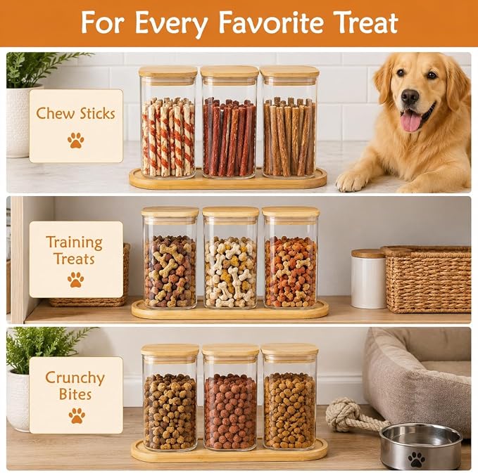 Dog Treat Container, Large Dog Treats Container, Farmhouse Wood Pet Treats Storage Organizer for Dog Food Storage Container, with 3 Glass Jars, Cat Dog Biscuit Dispenser, Great Gift for Pet Dog Owners