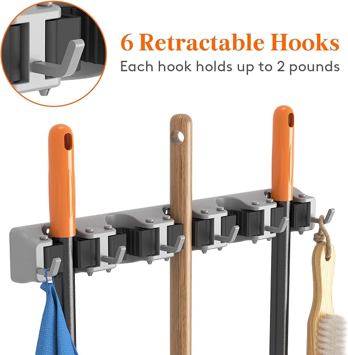 Lifewit Mop and Broom Holder Organizer Wall Hanging Mount, Gray, 1 Pack | Anti-Slip Broom Storage for Cleaning Organizer, Easy Install Tool Hanging Rack with 5 slots & 6 hooks for Kitchen, Garage
