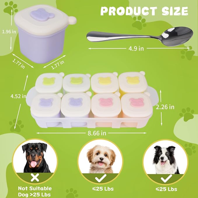 Pet Wet Food Container with Lids for Fridge,8-Pack Farmers Homemade Silicone Dog Food Container with Scoop,1.1oz Each, Keeps Wet Can Food Fresh, Odor-Resistant,Freezer, Microwave & Dishwasher Safe